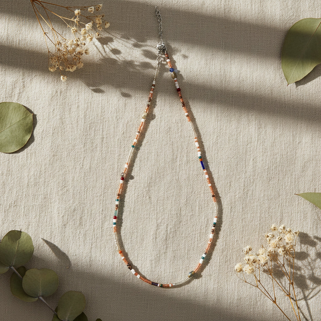 Collar Cálido con perlas naranjas y cristales blancos estilo moderno