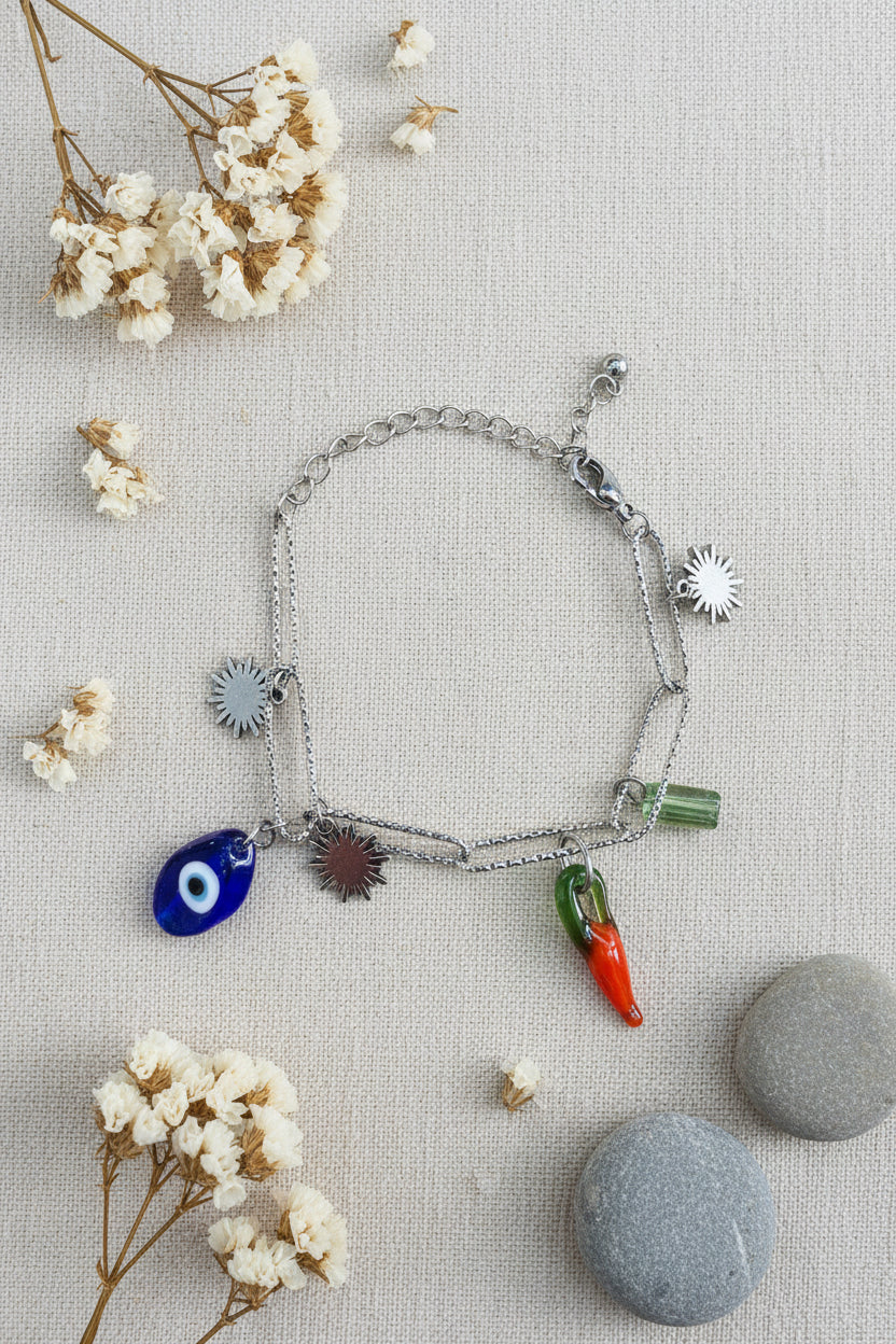 Pulsera Chili Plata con colgantes de vidrio estilo moderno artesanal