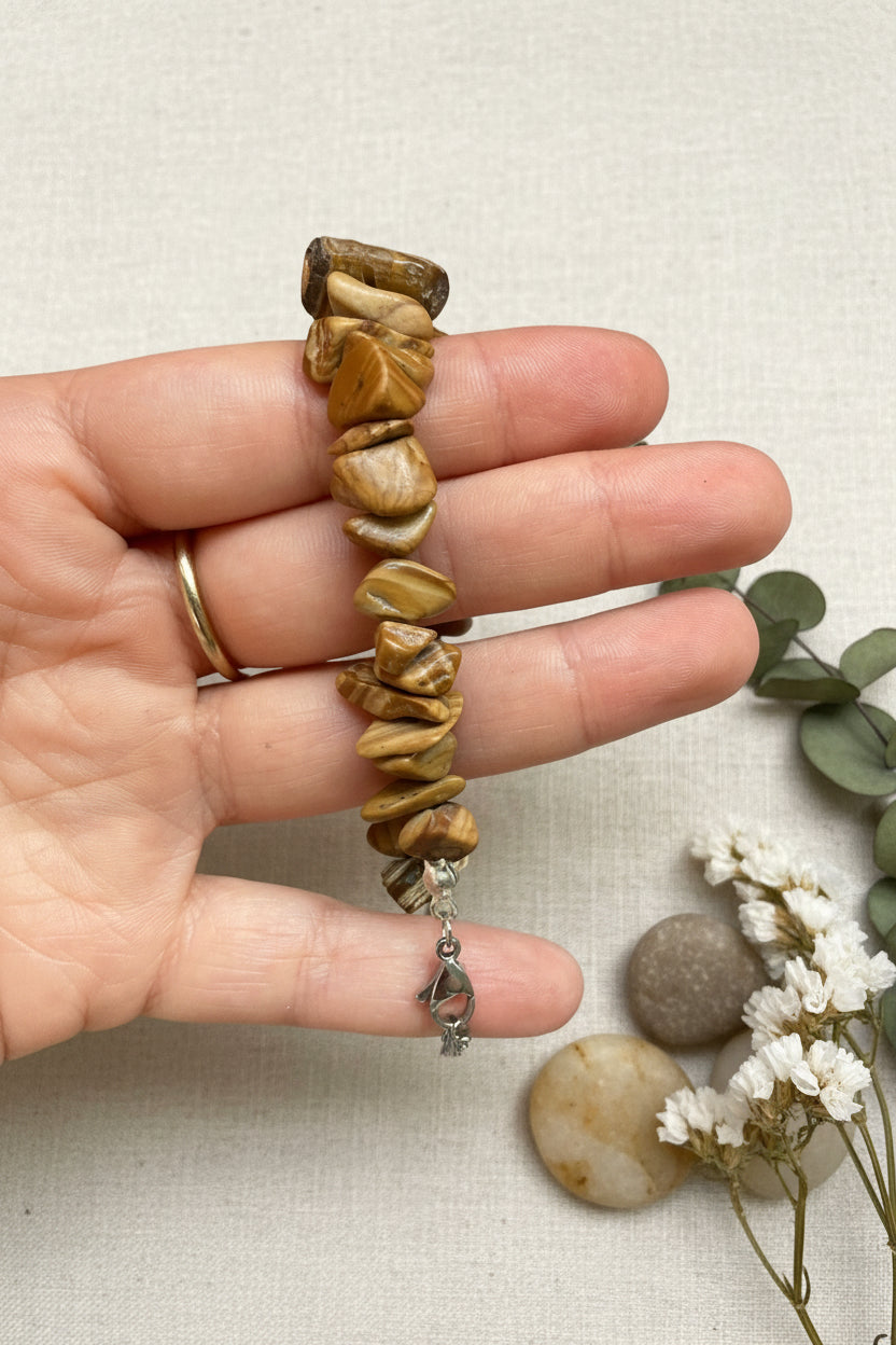 Pulsera de jaspe marrón natural con cierre ajustable de acero inoxidable – Salem Bisutería CERCA