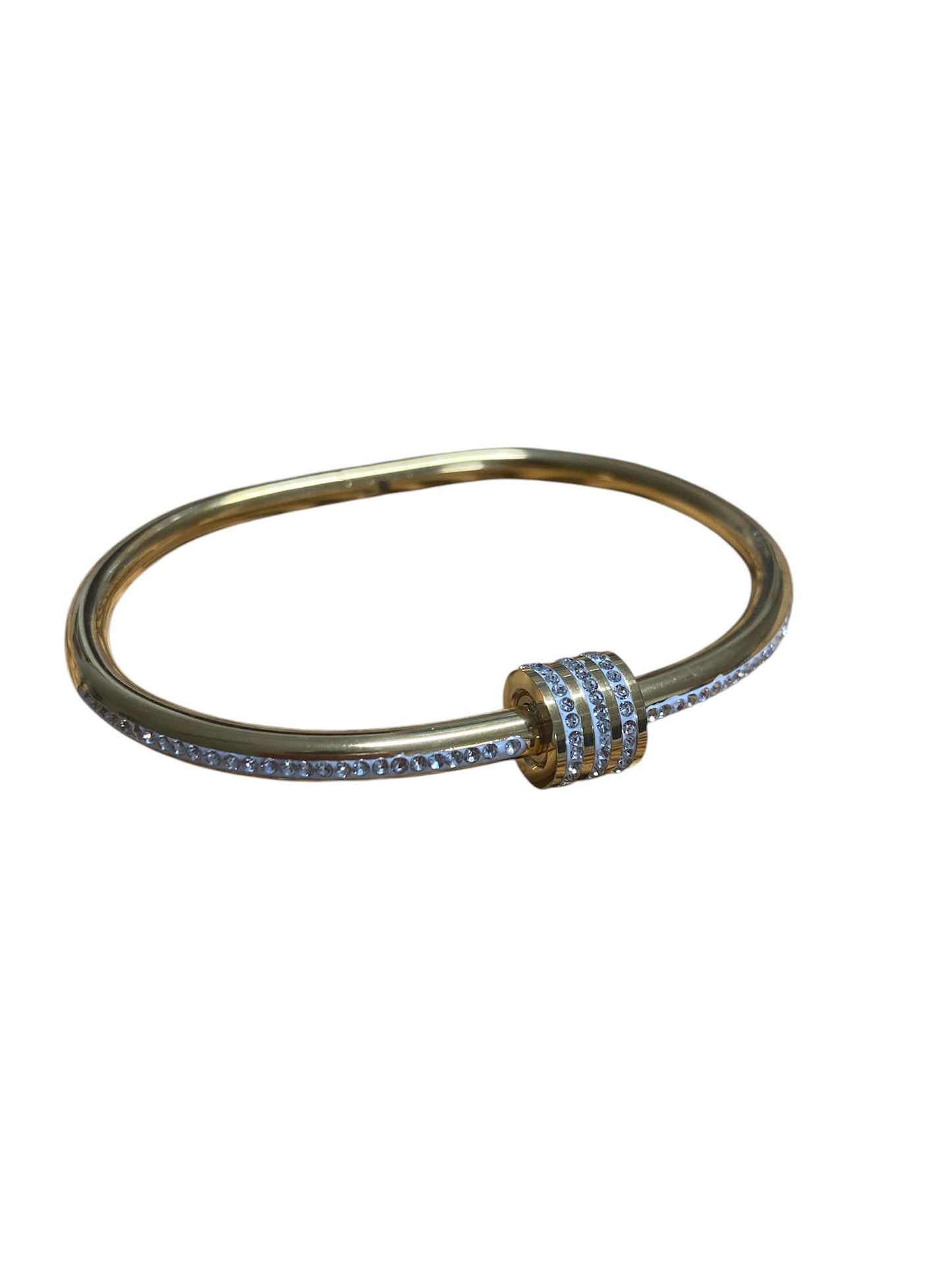 Pulsera ovalada de acero inoxidable dorado con circonitas brillantes y cierre de rosca