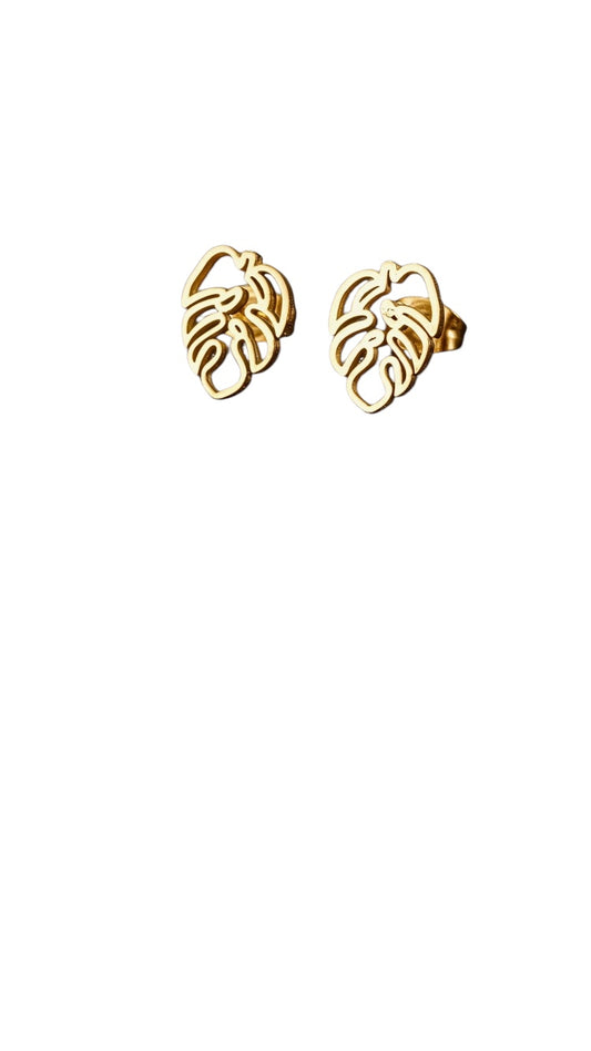 Pendientes con diseño de hoja tropical en acero inoxidable dorado