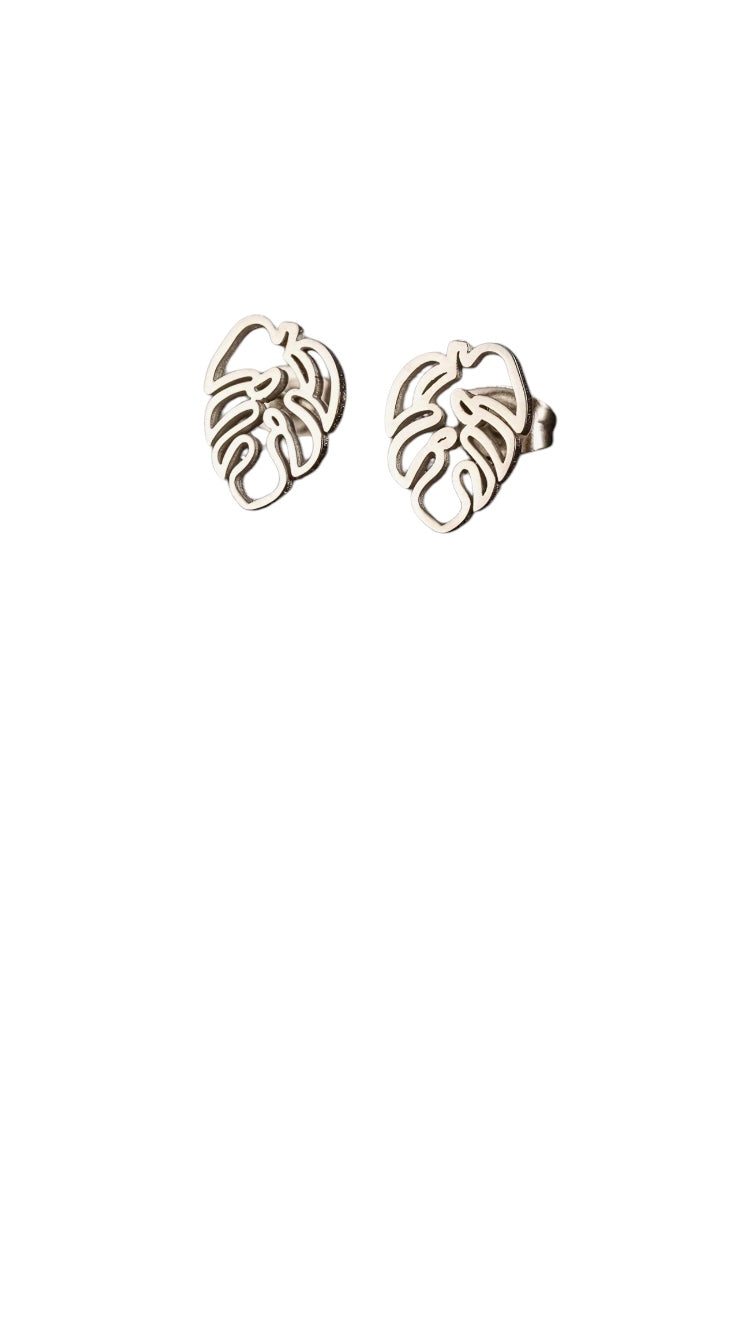 Pendientes con diseño de hoja tropical en acero inoxidable plateado