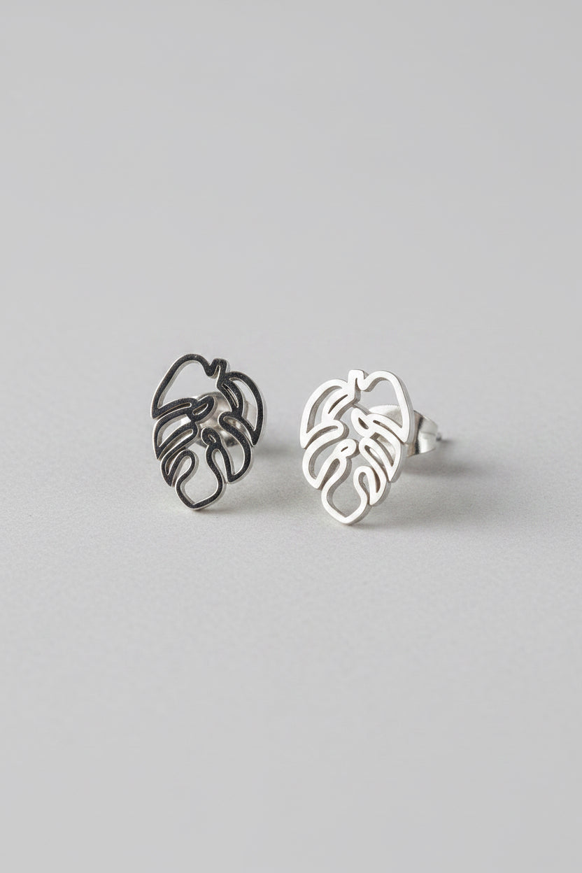 Pendientes con diseño de hoja tropical en acero inoxidable plateado