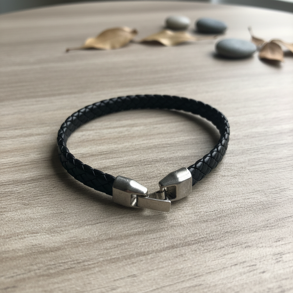 Pulsera de cuero negra con detalles metálicos y cierre de seguridad unisex