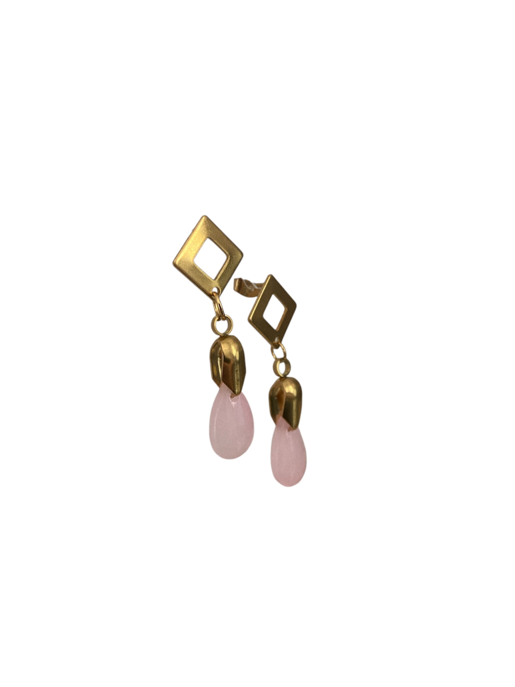 Pendientes Mermaid en acero dorado con colgante de cuarzo rosa natural