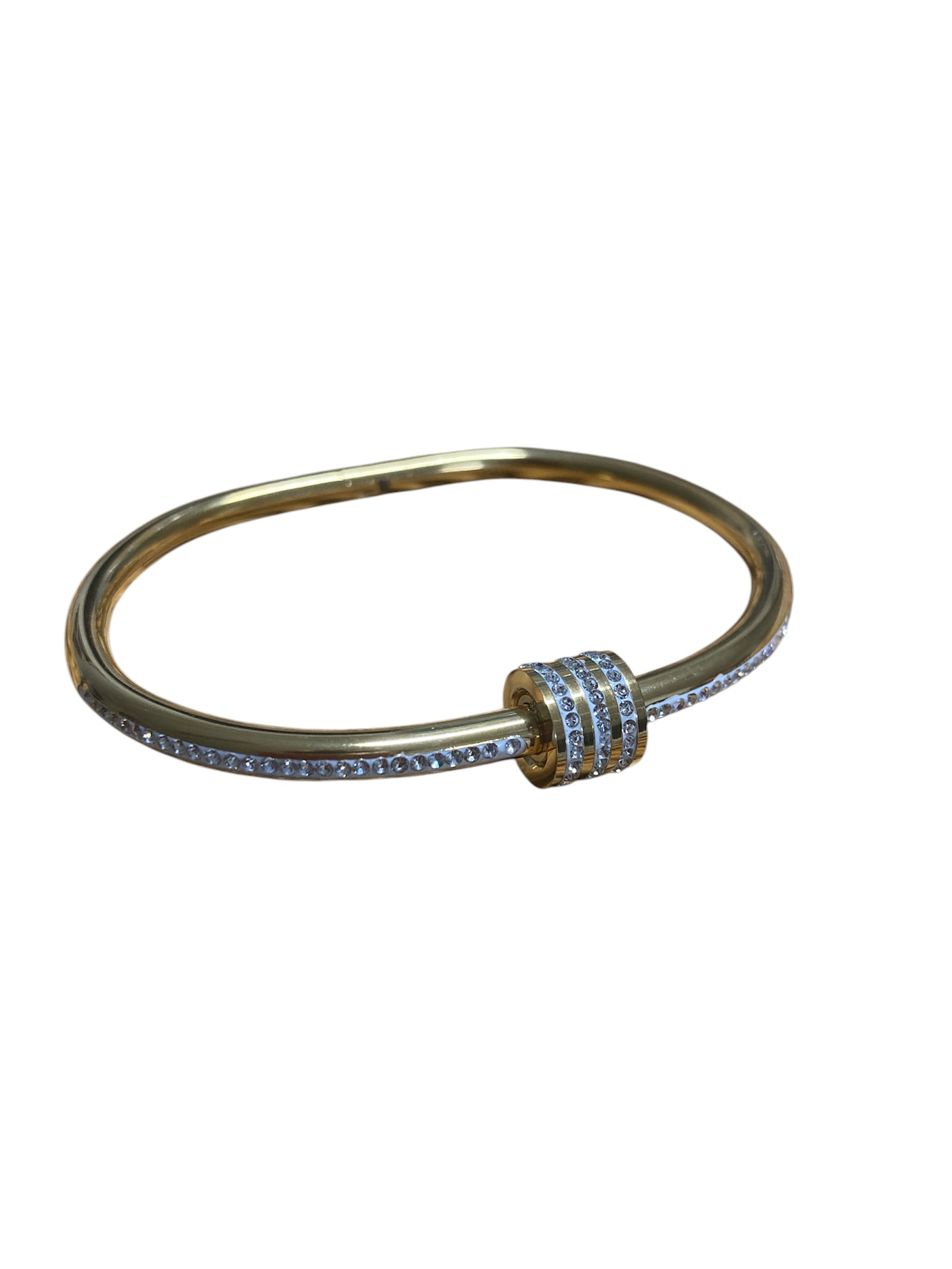 Pulsera ovalada de acero inoxidable dorado con circonitas brillantes y cierre de rosca
