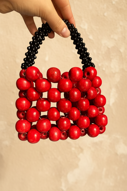 Bolso Cherry cuentas de madera 12x9 cm estilo boho chic artisan